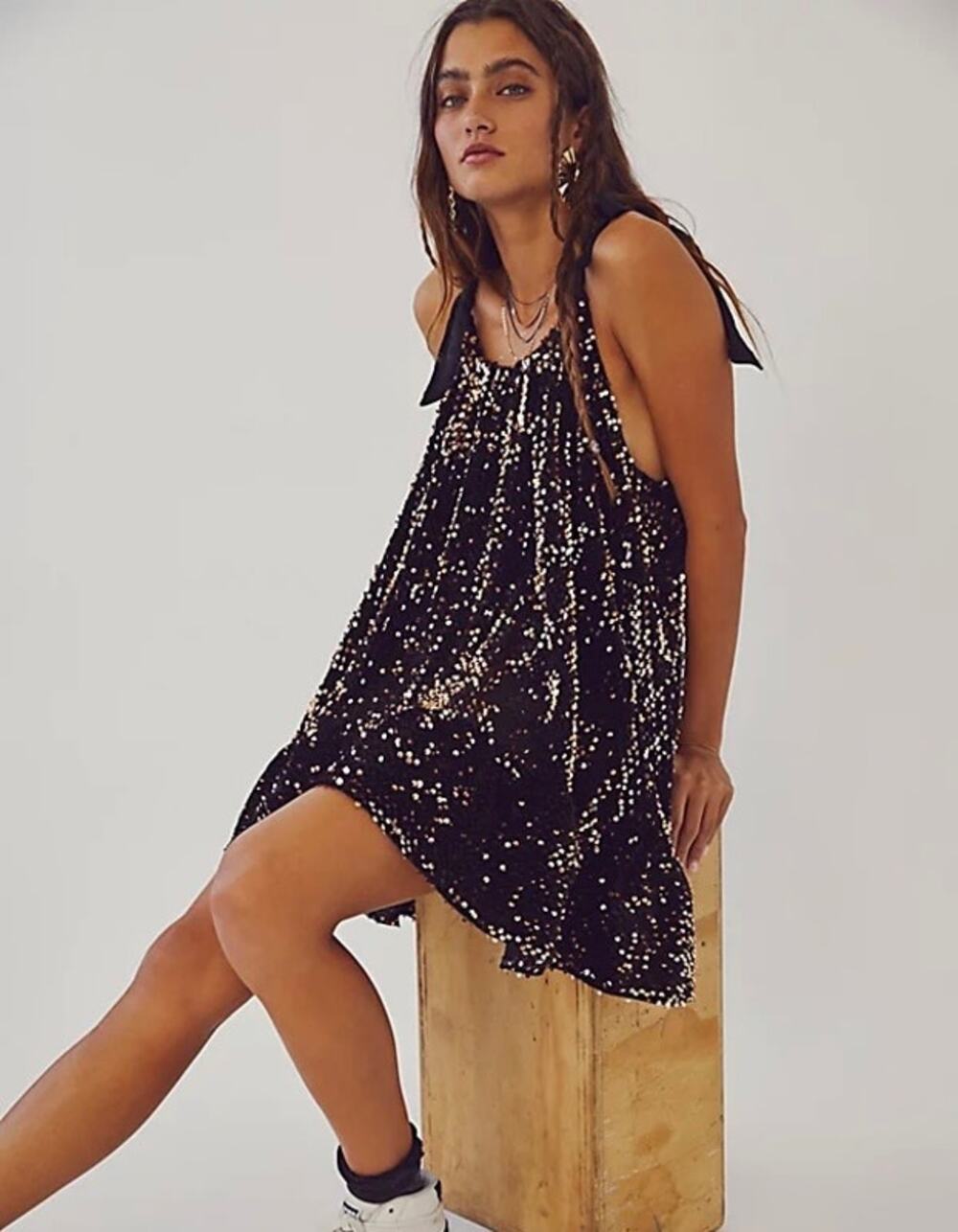 FREE PEOPLE Nova Convertible Strap Sequin Mini Dress Black Medium M